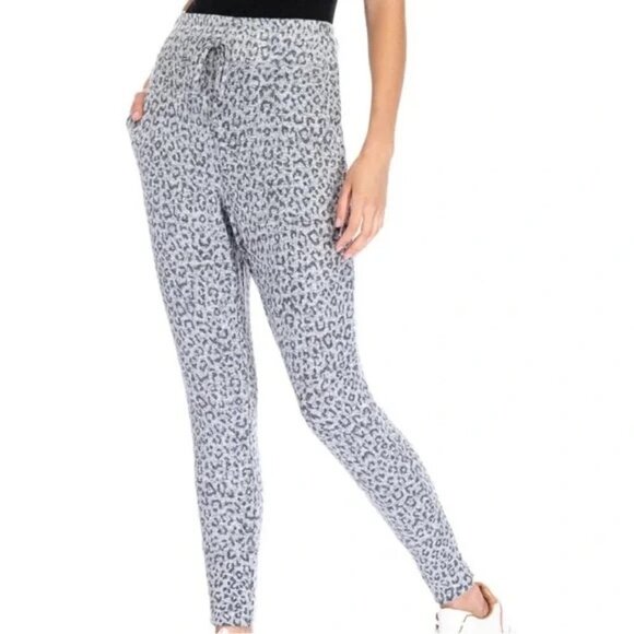 BOBEAU White Snow Leopard Soft Knit Drawstring Joggers Pockets Gray Black Small - Picture 2 of 7